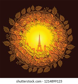 Vector and illusrtation paper art and craft style of merry christmas greeting card inside circle in warm tone color