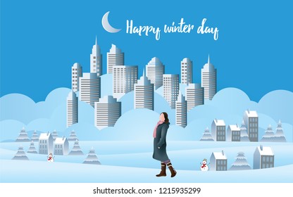 Vector and illusrtation paper art and craft Style of Girl standing and city view background in winter season