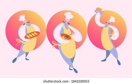 a vector illusrtation in pastel colors showing three cooks in uniform with different dishes in their hands