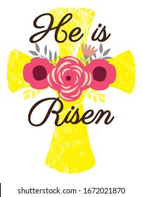 vector illusrtration of Easter floral cross. He is Risen cross. Easter celebration.