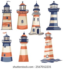 Vector illustaration of lighthouses at the seashore