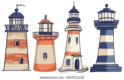 Vector illustaration of lighthouses at the seashore