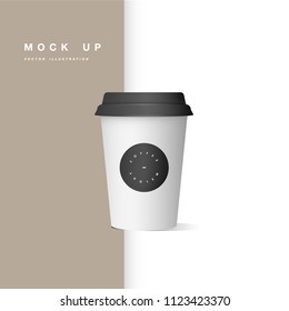 Vector illustarion of realistic white paper coffee cup with design label. Mock up cup isolated on white background