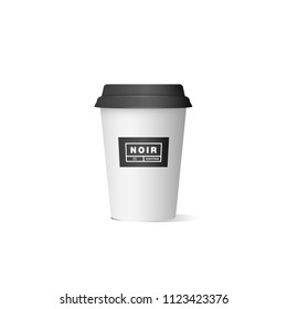 Vector illustarion of realistic white paper coffee cup with design label. Mock up cup isolated on white background