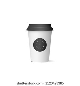 Vector illustarion of realistic white paper coffee cup with design label. Mock up cup isolated on white background