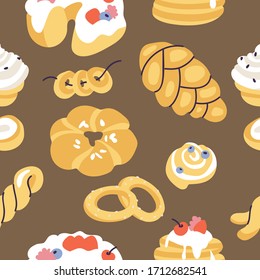 Ilustración vectorial de diferentes bollería. Patrón sin problemas para la panadería