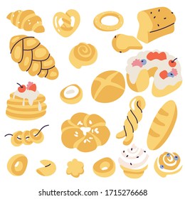 Vector illustartion assortment of different pastries. Seamless pattern for bakery shop