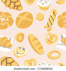 Vector illustartion assortment of different pastries. Seamless pattern for bakery shop
