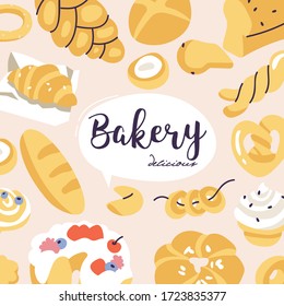 Vector illustartion background assortment of different pastries.. Bakery shop