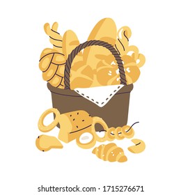 Vector illustartion basket full of bakery food isolated on white background. Assortment of different pastries. Vintage bread basket. Bakery shop