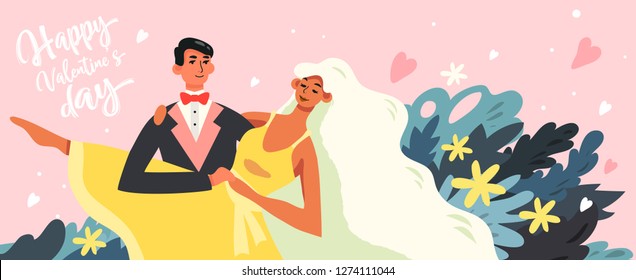 A vector illustartion of a beautiful dancing couple with floral elements. Valentine's day illustration for banners, magazine, flyer.