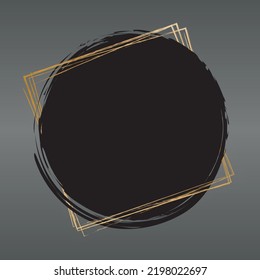 ilusión vectorial de la pancarta pintada de pincel redondo de color negro con marco dorado sobre fondo gris