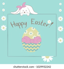 Vector Illustartion. Card with "happy Easter" phrase, cute bunny, camomile flowers and colorful egg on blue background.