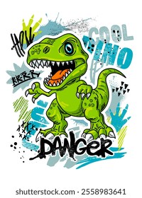 Vector illustartion of cartoon dinosaur  and graffiti words isolated on white background. Hand draw style