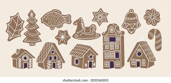 Vector illustartion collection of gingerbread cookies. Cute naive christmas honey-cakes. Set of gingerbread houses.