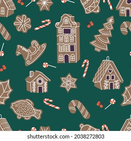 Vector illustartion collection of gingerbread cookies. Cute naive christmas honey-cakes. Seamless pattern.