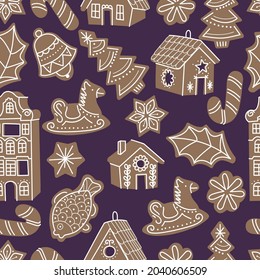 Vector illustartion collection of gingerbread houses. Cute naive christmas honey-cakes. Seamless pattern.