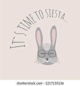 Vector Illustartion with cute animal on black background. Funny bunny. Retro style.It`s time to siesta phrase. Perfect fo kids cards, posters, book illustration and other design projects. EPS10