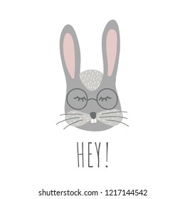 Vector Illustartion with cute animal on black background. Funny bunny. Retro style.Hey! phrase. Perfect fo kids cards, posters, book illustration and other design projects. EPS10
