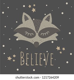 Vector Illustartion with cute animal on dark background. Funny Raccoon. Believe.Retro style. Perfect fo kids cards, posters, book illustration and other design projects. EPS10