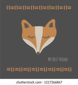 Vector Illustartion with cute animal on dark background. Funny Fox. Best friend.Retro style. Perfect fo kids cards, posters, book illustration and other design projects. EPS10