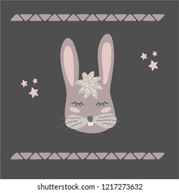 Vector Illustartion with cute animal on black background. Funny bunny. Retro style.It`s time to siesta phrase. Perfect fo kids cards, posters, book illustration and other design projects. EPS10