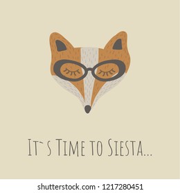 Vector Illustartion with cute animal on beige background. Funny Fox Face. Retro style. It`s time to siesta.Perfect fo kids cards, posters, book illustration and other design projects. EPS10