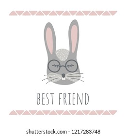 Vector Illustartion with cute animal on white background. Funny bunny. Retro style. Best friend phrase. Perfect fo kids cards, posters, book illustration and other design projects. EPS10