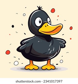 Vector Illustartion of cute black cartoon duck isolated  on background. Funny farm bird design, cartoon or comic style