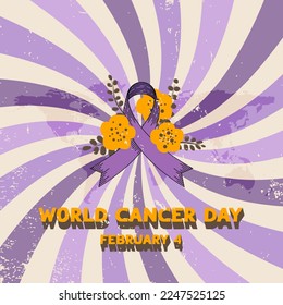 A vector illustartion dedicated to World Cancer Day on 4th of February in retro style. The illustration is made in lavender and orange colors 