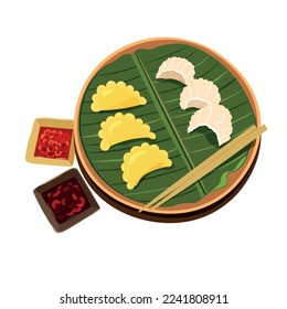 Vector illustartion of delicious Chinese dumplings with fillings and sauces. Traditional asian cuisine food