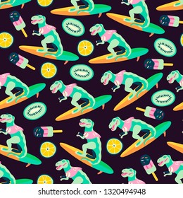 Vector illustartion of a dinosaur surfer with fruits and ice cream. Seamless pattern that can be used for wrapping, fabric, textile and interior decor. Summer theme background.