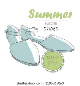 Vector illustartion of drawing sandal on flat soled with lettering text. Summer woman shoe for logo design. Hand drawn isolated object for design.