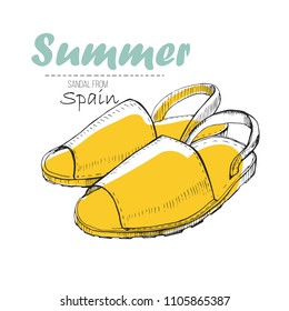 Vector illustartion of drawing sandal from Spain with lettering text. Summer woman shoe for log design.