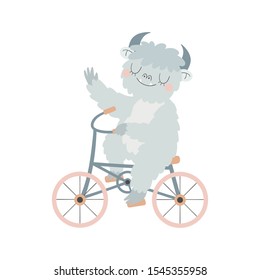 Vector illustartion with funny yeti on bicycle.