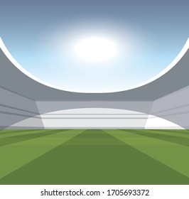 A vector illustartion of a generic seated stadium with a green grass pitch in the day time under a blue cloudy sky