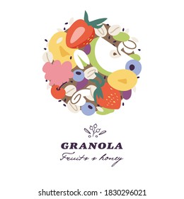 Vector illustartion granola bar with different fruits, berries, fruits and nuts. Organic and healthy snack
