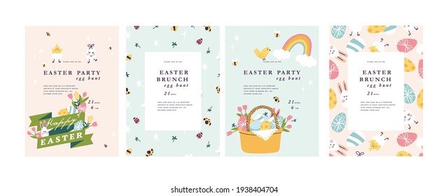 Vector illustartion greeting cards for Easter or invitations. Vertical banner or background with copy space for text. Beautiful flowers bouquet with Easter cake and painting eggs inside basket.