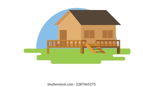 Vektorgrafik oder Illustration des Symbols. Modell Vintage thailändische Haus braune Farbe. thailändisches Haus aus Holz auf einer hohen Plattform. Konzeption von Gras und Hintergrund des blauen Himmels.