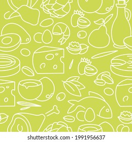 Vector illustartion keto diet products. Healty eating concept. Seamless pattern.