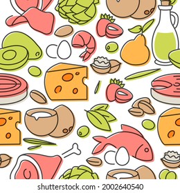 Vector illustartion keto diet products. Healty eating concept. Seamless pattern