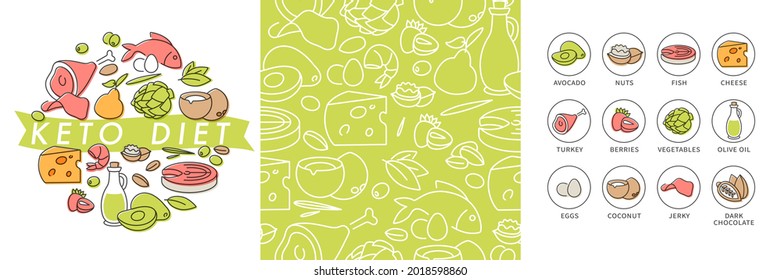 Vector illustartion keto diet products. Healty eating concept. Seamless pattern