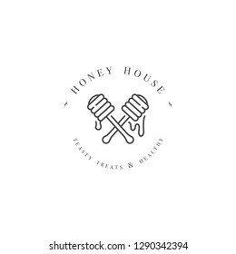 Vector illustartion logo and design template or badge. Organic and eco honey label- stick or dipper for honey. Linear style