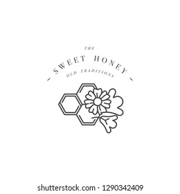 Vector illustartion logo and design template or badge. Organic and eco honey label- flowers with honeycomb. Linear style