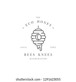 Vector illustartion logo and design template or badge. Organic and eco honey label- beehive. Linear style