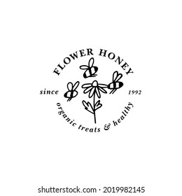 Vector illustartion logo and design template or badge. Organic and eco honey label- flower for honey. Linear style