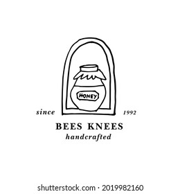 Vector illustartion logo and design template or badge. Organic and eco honey label- bottle of honey. Linear style