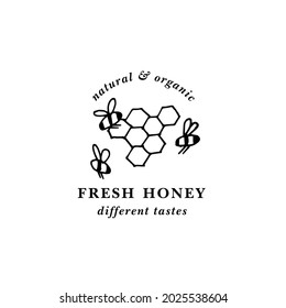 Vector illustartion logo and design template or badge. Organic and eco honey label- honeycombs with bees. Linear style