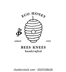 Vector illustartion logo and design template or badge. Organic and eco honey label- beehive. Linear style