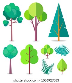 Vector illustartion made in flat design showing isolated trees and bushes of different sizes and shapes colored into vivid shades of green on white.